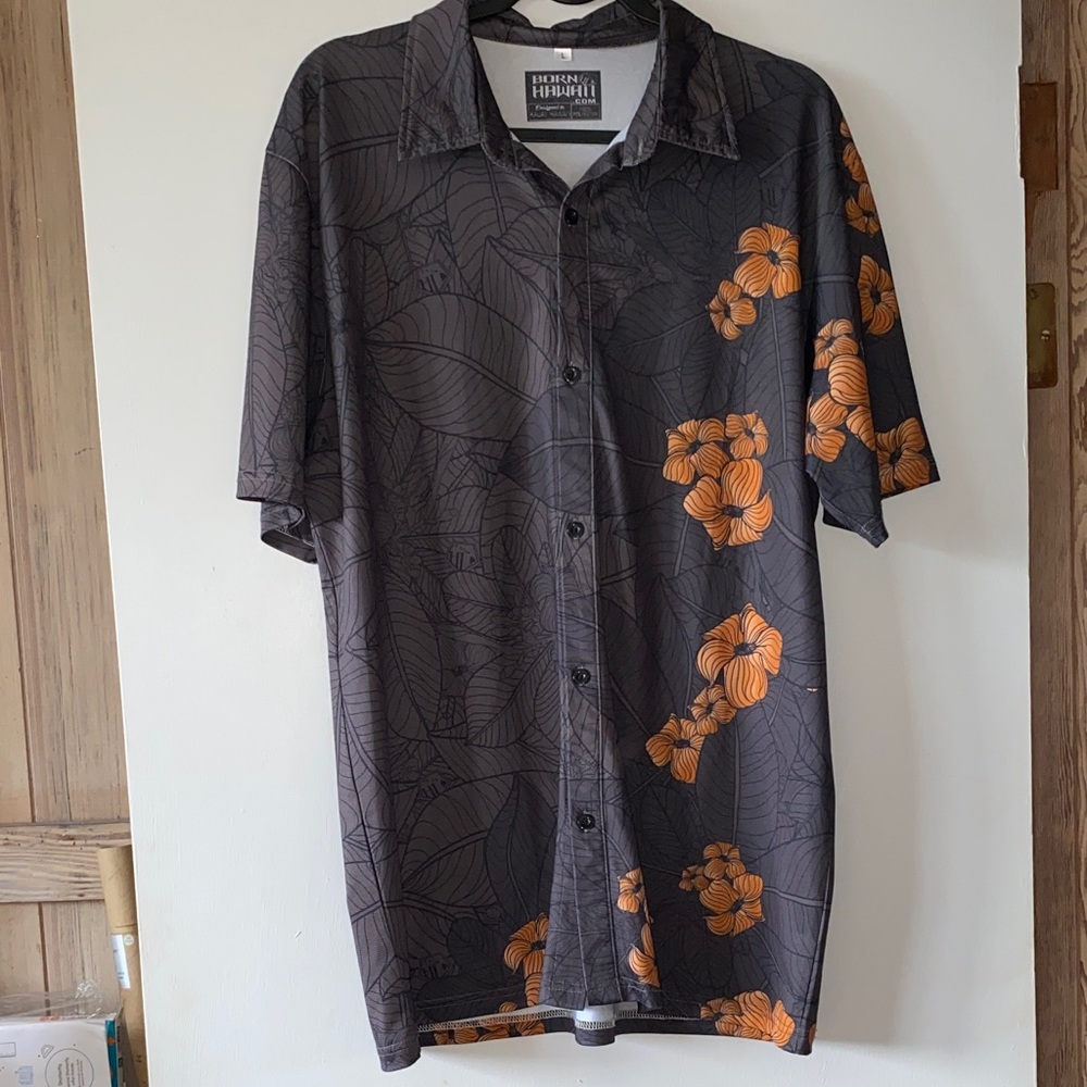 Born Hawai’i Men's Dark Gray and Orange puakenikeni polo shirt